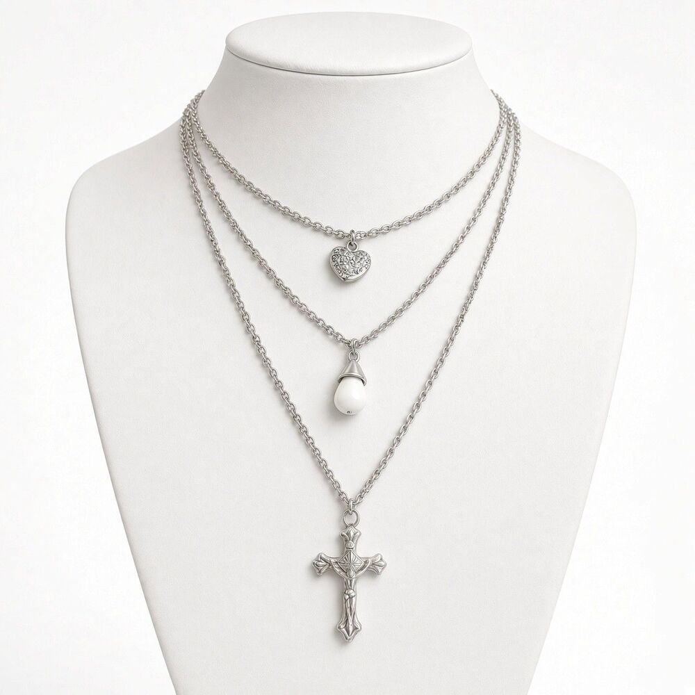 Vintage Silver Tone Layered Necklace Intricate Crucifix Heart White Drop Pendant